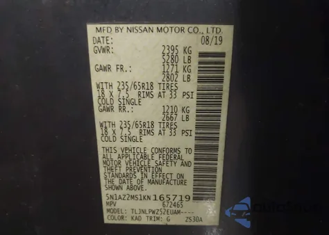 2019 Nissan Murano S z USA, uszkodzony, nr VIN 5N1AZ2MS1KN165719